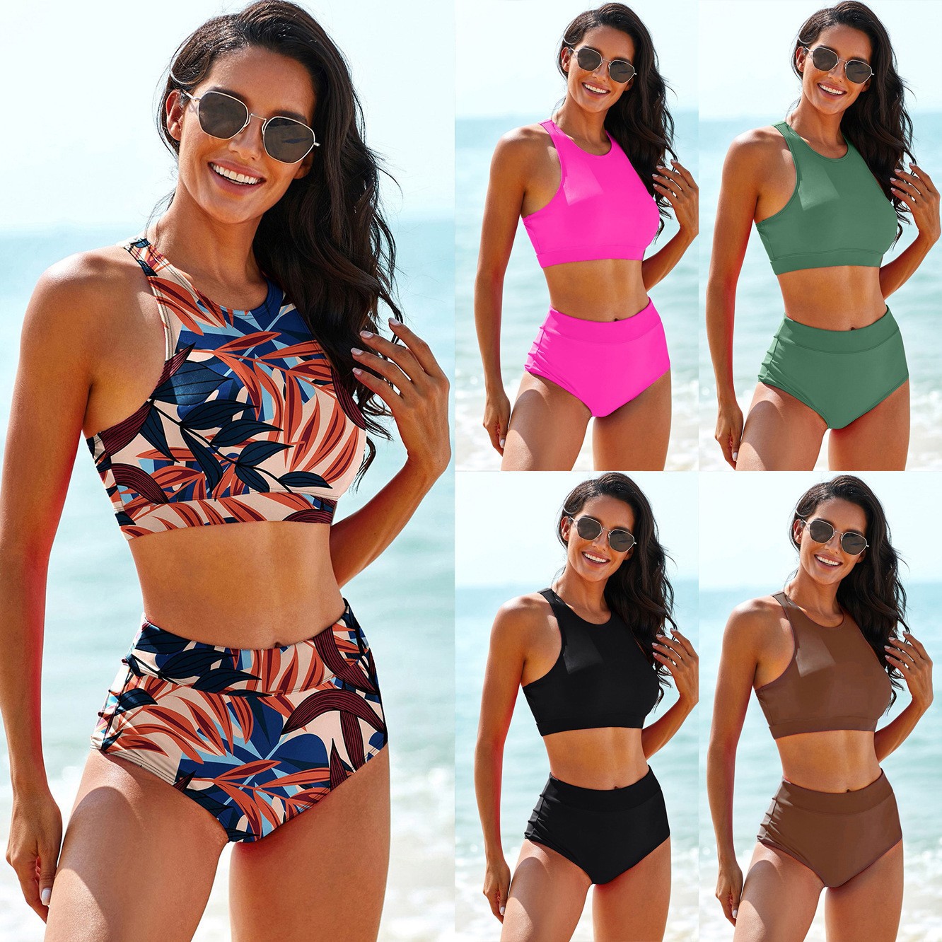 Crop Top Women - ملابس سباحة نسائية بلون واحد، تانكيني
