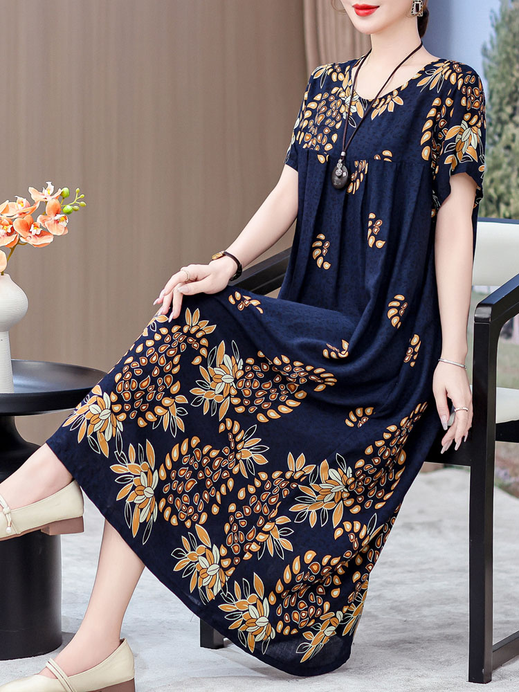 Women Fashion Over 50 - فستان أنيق متوسط الطول من القطن