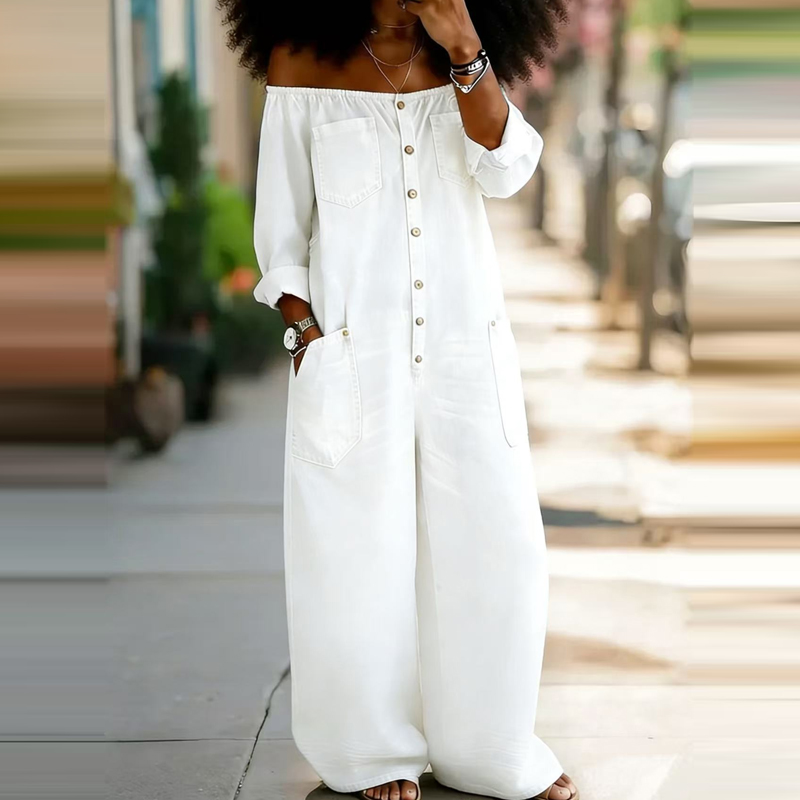 Women'S Fashion Vintage Off Shoulder Long Sleeve Jumpsuit - جمبسوت نسائي أنيق من الدنيم بلون