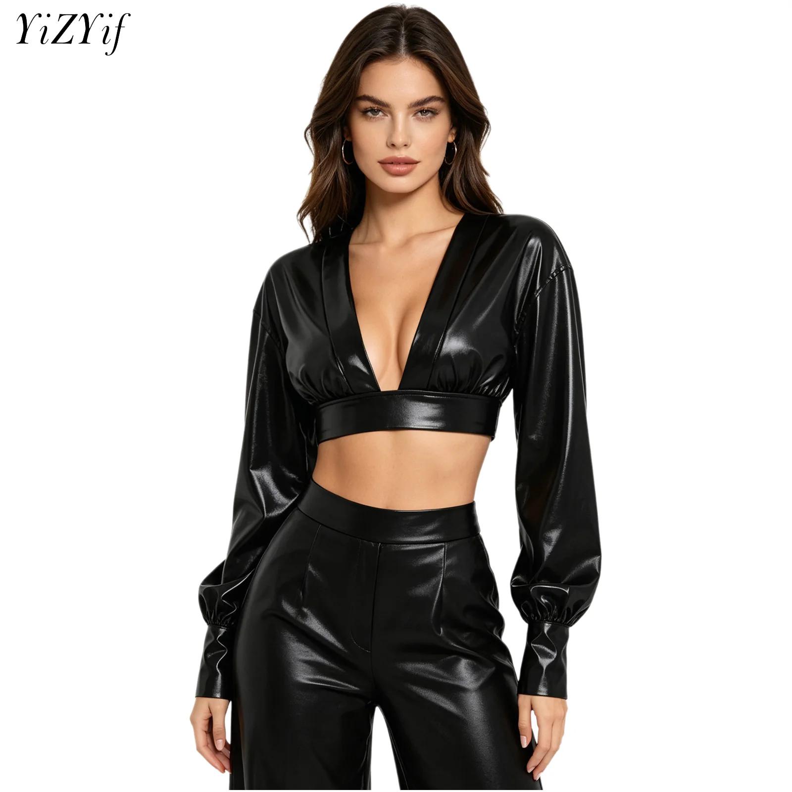 Crop Top Women - بلوزة نسائية Y2K معدنية لامعة بقصة