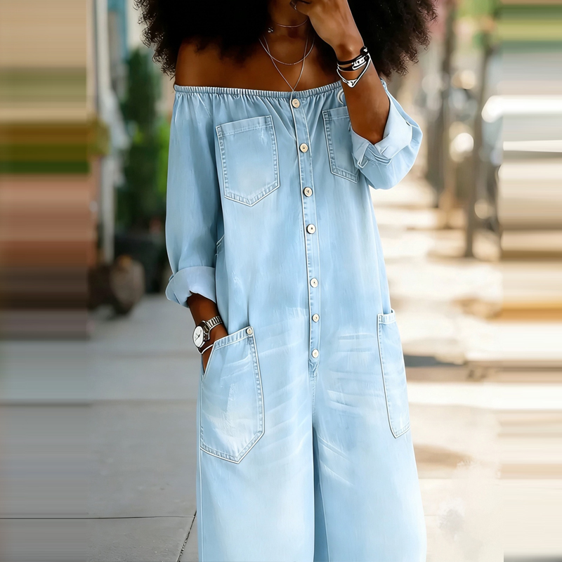 جمبسوت نسائي أنيق من الدنيم بت - مراجعة Women'S Fashion Vintage Off Shoulder Long Sleeve Jumpsuit وسعره