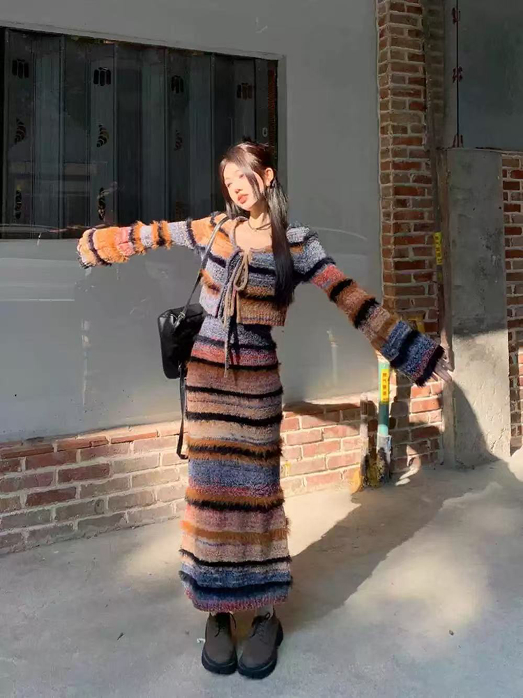 خمر مخطط سترة متماسكة مجموعة ا - مراجعة Longline Cardigan Knit وسعره
