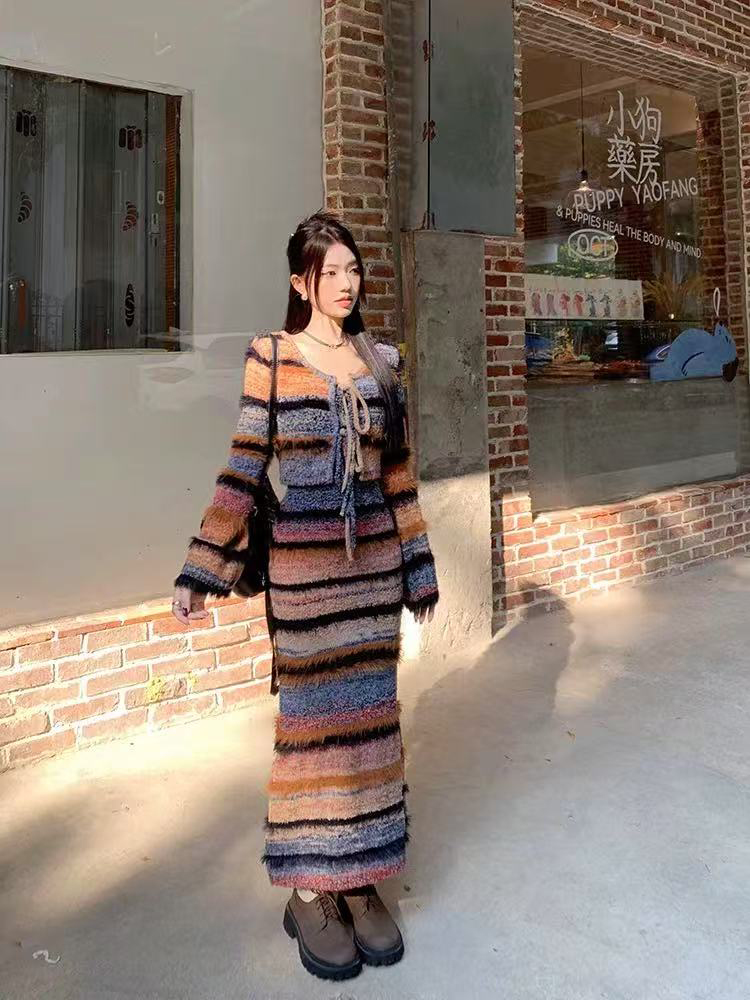 خمر مخطط سترة متماسكة مجموعة ا - مراجعة Longline Cardigan Knit وسعره