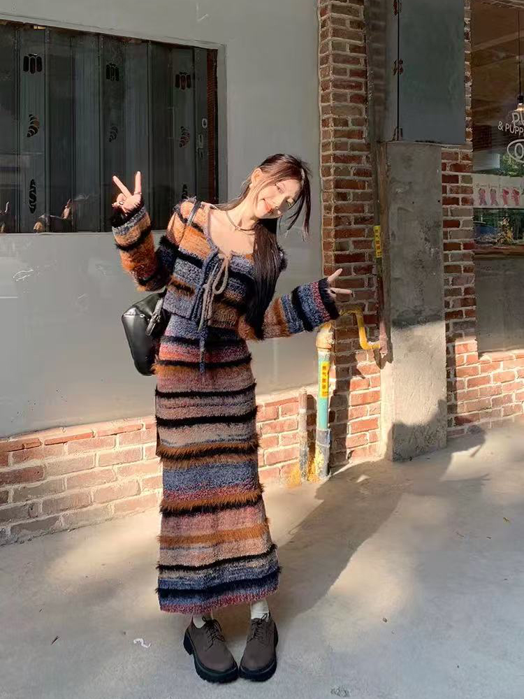 خمر مخطط سترة متماسكة مجموعة ا - مراجعة Longline Cardigan Knit وسعره
